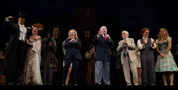 Mel Brooks, center, creator and composer for the musical "Young Frankenstein," takes the microphone during the curtain call for the Broadway-bound show at the Paramouint Theatre in Seattle on Aug. 23, 2007. From left, are Shuler Hensley, as The Monster, M 