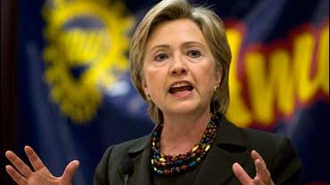 Democratic presidential hopeful, Sen. Hillary Rodham Clinton, D-N.Y., speaks during a campaign stop at a United Auto Workers regional conference on Monday, Nov. 12, 2007, at the Grand River Center in Dubuque, Iowa. (AP Photo/Mark Hirsch) 