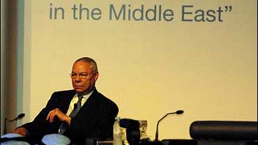 Former U.S. Secretary of State General Colin Powell addressing a symposium on "Opportunity and Crisis in the Middle East" in Kuwait City on Sunday, Nov. 18, 2007. 