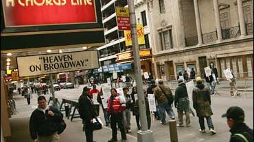 Union stagehands picket outside Broadway theatres in New York, 