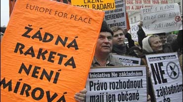Demonstrators rally in Prague against a possible US missile defense radar base in the Czech Republic 