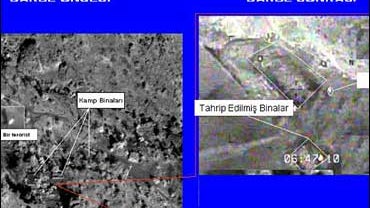 Aerial combo photo provided by the Turkish military Dec. 25, 2007 shows what is says is camp used by PKK rebels before and after Turkish jet fighters hit it Dec. 16, 2007. 