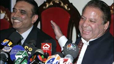 Pakistan's Muslim League-N party chief Nawaz Sharif, right, and Pakistan Peoples Party's co-chairman Asif Ali Zardari in Islamabad 