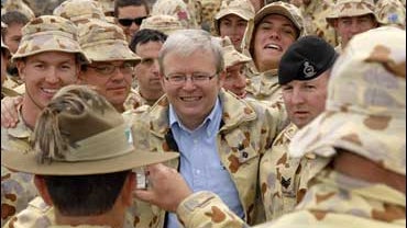 Australian Prime Minister Kevin Rudd with Australian soldiers at Ali Air Base, Tallil, Dhi Qar province, Iraq 