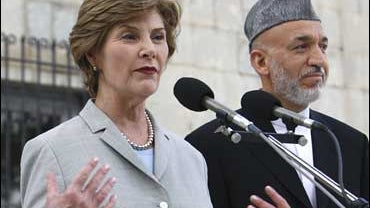 U.S. first lady Laura Bush during a joint press conference with Afghan President Hamid Karzai 