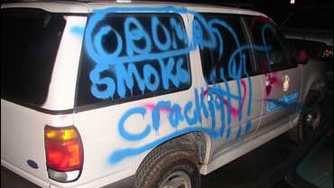 One of the 60 orlando vehicles spray-painted with anti-Obama messages by vandals 