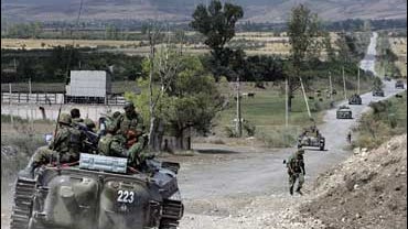 Russian armored vehicles move in Orjosani, between the capital Tbilisi and strategic town of Gori, Georgia 