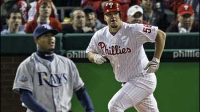 Philadelphia Phillies' Joe Blanton, right, watches his solo home run off Tampa Bay Rays' Edwin Jackson, left, during the fifth inning of Game 4 of the baseball World Series in Philadelphia on Oct. 26, 2008. 