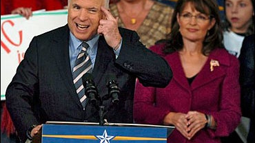 Republican presidential candidate Sen John McCain, R-Ariz., accompanied by his running mate, Alaska Gov. Sarah Palin 