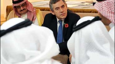 British Prime Minister Gordon Brown, center, meets former detainees who have been linked to terrorism in the past and now are held at a 'halfway house' in Riyadh during his two-day visit to Saudi Arabia on Nov. 2, 2008. Brown met with suspected terrorists 