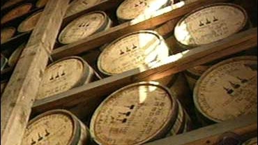 Oak casks filled with bourbon at the Kentucky distillery of Maker's Mark. 