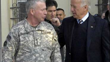 Vice President-elect Joe Biden meets with U.S. Gen. David McKiernan, head of the NATO-led International Security Assistance Force in Afghanistan 