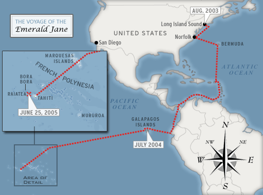 The nearly two-year journey of the Silverwoods and the Emerald Jane started at Long Island Sound in August 2003. The trip ended abruptly on June 25, 2005, when the catamaran struck a hidden reef in French Polynesia. 