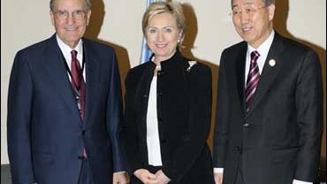 U.S. Middle East envoy George Mitchell, left, U.S. Secretary of State Hillary Rodham Clinton, center, and U.N. Secretary-General Ban Ki-moon meet on the sidelines of the Egypt-hosted international conference on rebuilding Gaza, in Sharm el-Sheik, Monday,  