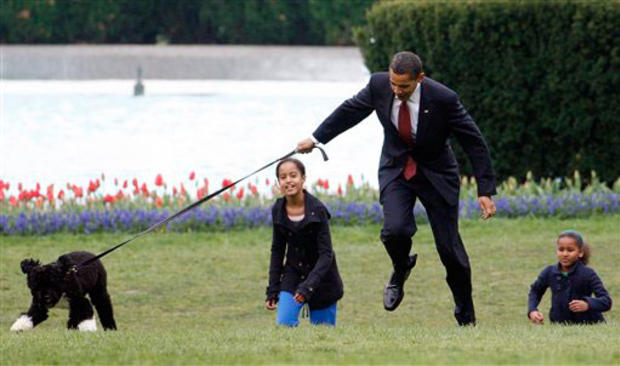 President Barack Obama is almost jerked off his feet as he shows off their new dog Bo, Tuesday, April 14, 2009, a 6-month-old Portuguese water dog with his daughters Malia, left, and Sasha Obama, right, on the South Lawn of the White House in Washington,  