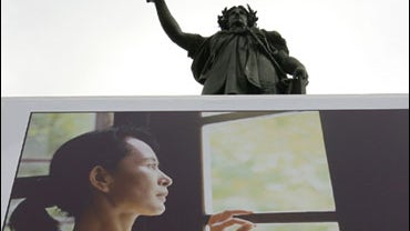 A portrait of Myanmar's opposition leader Aung San Suu Kyi, seen on the Place la Republique in Paris, Tuesday May 19, 2009. 