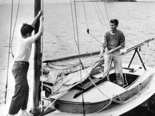 John F. Kennedy and brother Edward M. Kennedy aboard "Victura", Hyannis Port, Mass.,  circa 1946. 