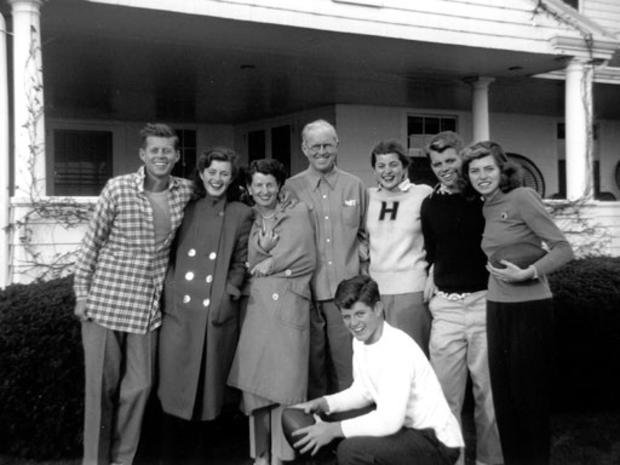 The Kennedy Family in Hyannis Port, 1948. From left:  John F. Kennedy, Jean Kennedy, Rose Kennedy, Joseph P. Kennedy Sr., Patricia Kennedy, Robert F. Kennedy, Eunice Kennedy, and Edward M. Kennedy (kneeling). Photograph in the John F. Kennedy Presidential 