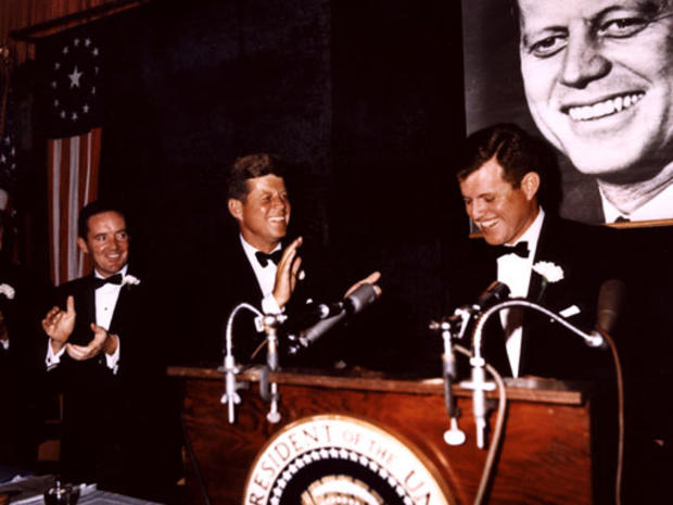 President John F. Kennedy and brother Senator Edward M. Kennedy at a Democratic Party Fundraiser -- "New England's Salute to the President" -- at the Boston Armory, Boston, Massachusetts on Oct. 19, 1963. 