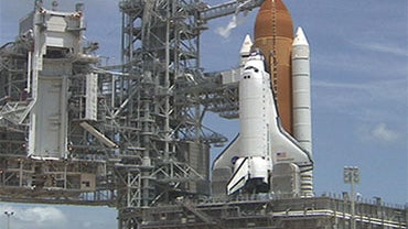 Space shuttle Endeavour on the launch pad. 