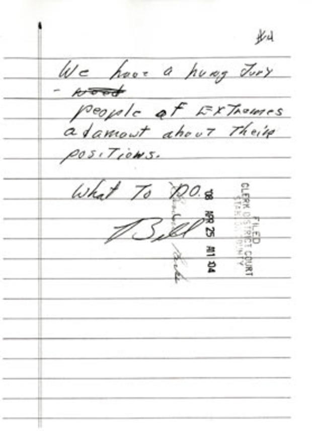 On April 25, 2008, while deliberating during the Floyd's second trial for Mike Golub's murder, the jury foreman passed the  judge this note, making clear the frustration in the jury room. The note asks, "What to do?" The judge advised the jury to go back  