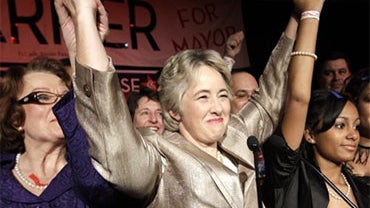 Houston Mayor-elect Annise Parker, center, celebrates her runoff election vicotry at a campaign party Saturday, Dec. 12, 2009 in Houston. Parker defeated former city attorney Gene Locke making Houston the largest U.S. city to elect an openly gay mayor. (A 