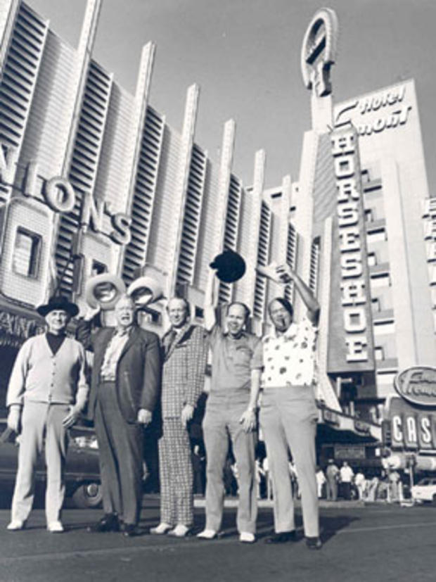 A group of players outside of Binion's Horseshoe in 1974. Pictured from left are Johnny Moss, Chill Wills, Amarillo Slim, Jack Binion and Puggy Pearson. 
