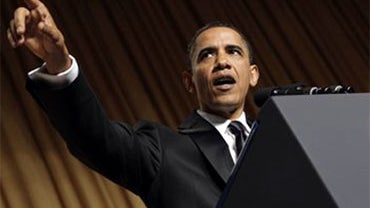 President Barack Obama makes humorous remarks as he speaks to the White House Correspondents' Association fundraising dinner, at the Washington Hilton Hotel, Saturday, May 1, 2010, in Washington. (AP Photo/J. Scott Applewhite) 