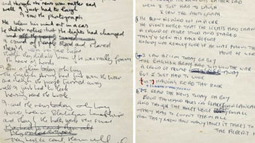A two-sided sheet of paper containing the lyrics of a song called "A Day In the Life" penned by John Lennon on Jan. 17, 1967. 