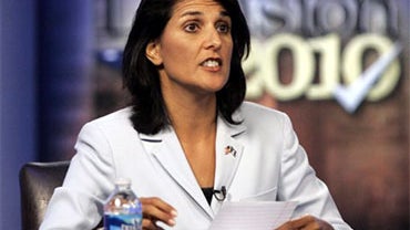 In this June 17, 2010 file photo South Carolina Republican gubernatorial candidate, Rep. Nikki Haley, R-Lexington, takes part in a televised debate in Columbia, S.C. Sarah Palin's support and tea party activists helped GOP Haley emerge from a crowded fiel 