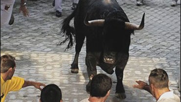 One man was gored and two others injured in a panic-filled third running of the bulls at Spain's San Fermin festival, July 9, 2010. 