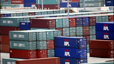 Shipping containers stacked at the Port of Miami, July 8, 2010. 