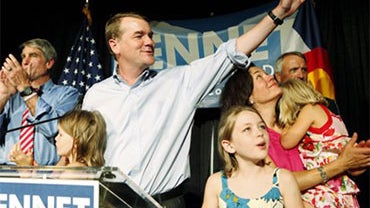 Senator Michael Bennet, D-Colo., celebrates with his wife and children at an election party after winning the Democratic primary on Tuesday, Aug. 10, 2010 in Denver. (AP Photo/Ed Andrieski) 