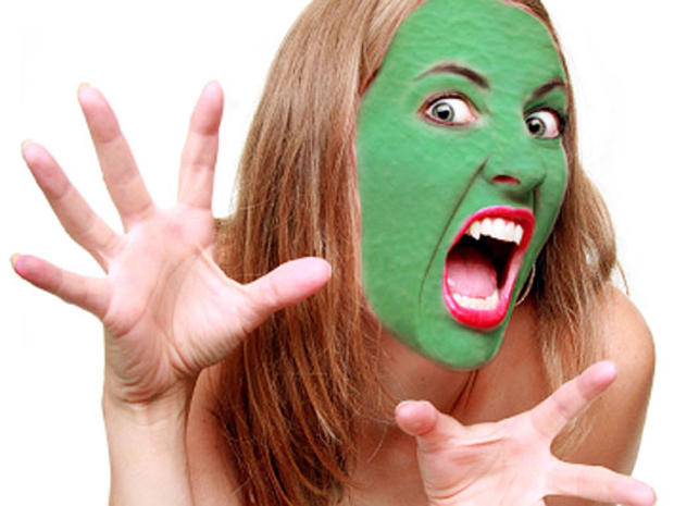 ugly, face, mask, skin, green, woman, generic, stock 