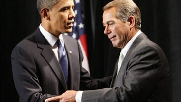 President Barack Obama shakes hands with House Minority Leader John Boehner of Ohio after he took questions from Republican lawmakers at the GOP House Issues Conference in Baltimore, Friday, Jan. 29, 2010.  
