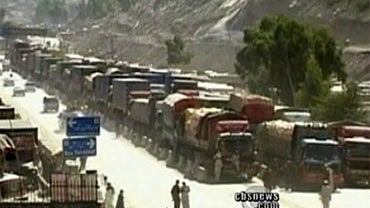 NATO supply trucks are seen waiting in Pakistan near the border crossing into Afghanistan in this image broadcast Oct. 6, 2010. 