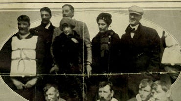 Titanic survivors Laura Francatelli (standing, second right) and her employers, Lady Lucy Duff-Gordon (standing, third left) and Sir Cosmo Duff-Gordon (directly behind Lady Lucy), on the Carpathia, following their rescue from the sinking of the Titanic in 
