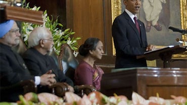 U.S. President Barack Obama addresses the Indian Parliament in New Delhi on November 8, 2010. President Obama backed India for a permanent seat on the United Nations Security Council, recognizing its rise as a great power, in a significant victory for New 