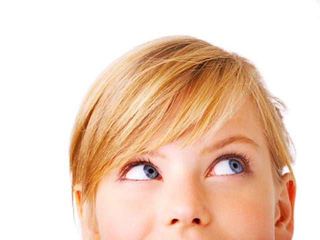 think, thinking, girl, woman, pretty, blond, eyes, forehead, on white, generic, 4x3