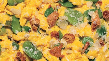 Scrambled Eggs With Leeks, Fava Beans, Crispy Breadcrumbs and Parmesan 