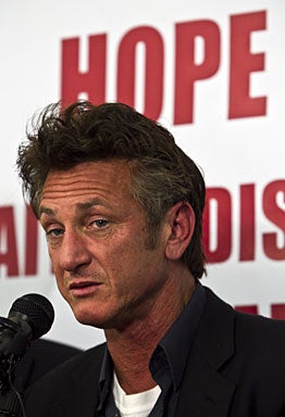 Academy Award-Winning Actor Sean Penn discusses the progress of relief efforts in Haiti while at the Pollack Haitian Hope Center in Mesa, Ariz. on Wednesday, Nov. 17, 2010. (AP Photo/The Arizona Republic, Charlie Leight) 