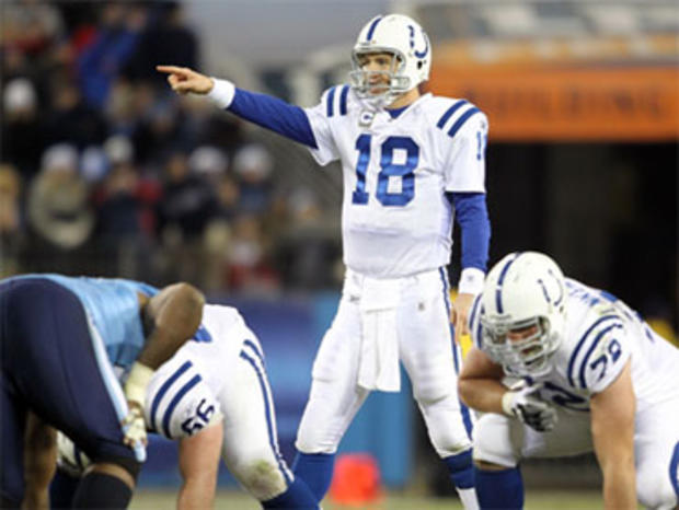 Peyton Manning of the Indianapolis Colts gives instructions to his team during the NFL game against the Tennessee Titans, at LP Field on December 9, 2010 in Nashville, Tenn. 