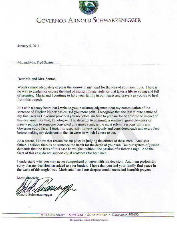 Schwarzenegger's letter to Mr. and Mrs. Santos. 