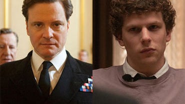 Colin Firth as George VI in "The King's Speech"; Jesse Eisenberg as Facebook founder Mark Zuckerberg in "The Social Network." 