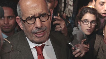 Former Director General of the International Atomic Energy Agency, IAEA, and Nobel Peace Prize winner Mohamed ElBaradei talks to members of the media as he arrives at Cairo's airport in Egypt, from Austria, Thursday, Jan. 27, 2011. 