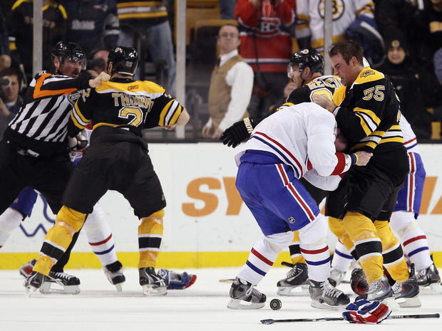 Boston Bruins and Montreal Canadiens fight 