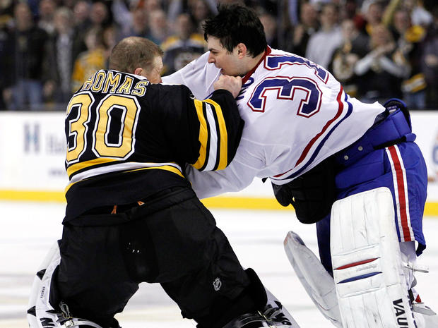 Canadiens goalie Carey Price and Bruins goalie Tim Thomas fight 