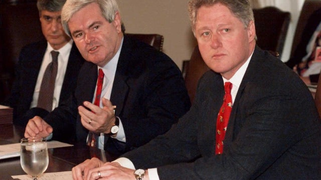 Then-House Speaker Newt Gingrich (l) and former President Clinton during December 1995 meeting on stalled budget talks  