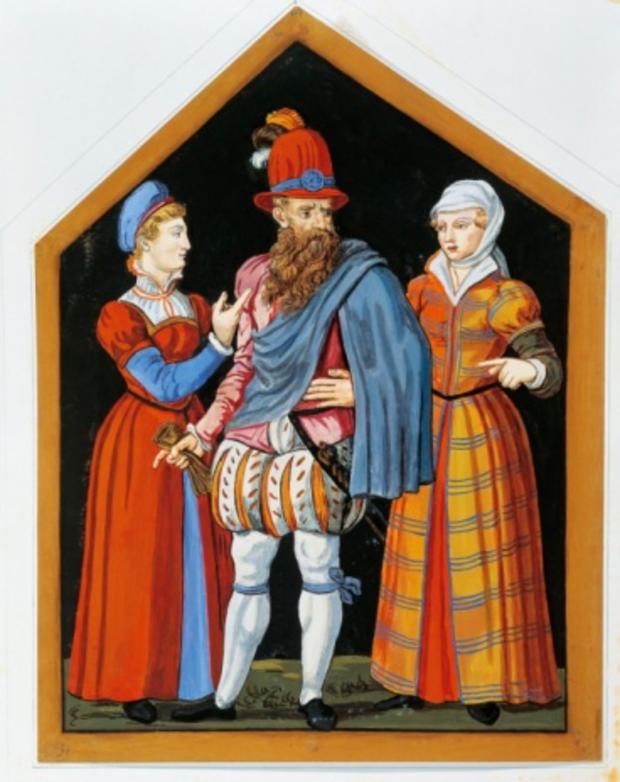 Switzerland, Geneva, Two Prostitutes and the Pimp in a 16th century portrait from Bibliotheque Publique et Universitaire  