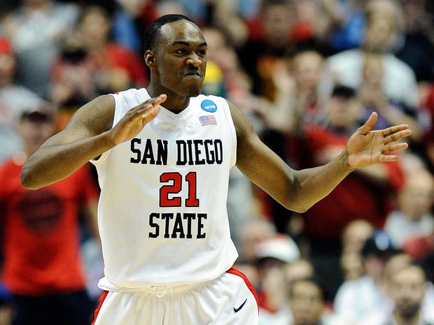Jamaal Franklin of the San Diego State Aztecs reacts after 